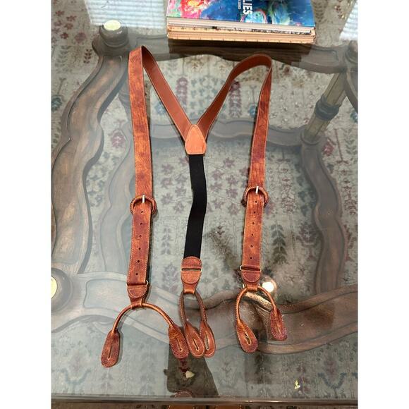 Trafalgar Men's Brown Alligator Leather Brass Button Hole Suspenders - Picture 1 of 4